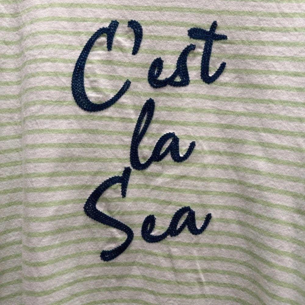 Talbots Green and White Stripe C’est La Vie Sea Crewneck Tee XL Nautical Beach - Picture 3 of 6